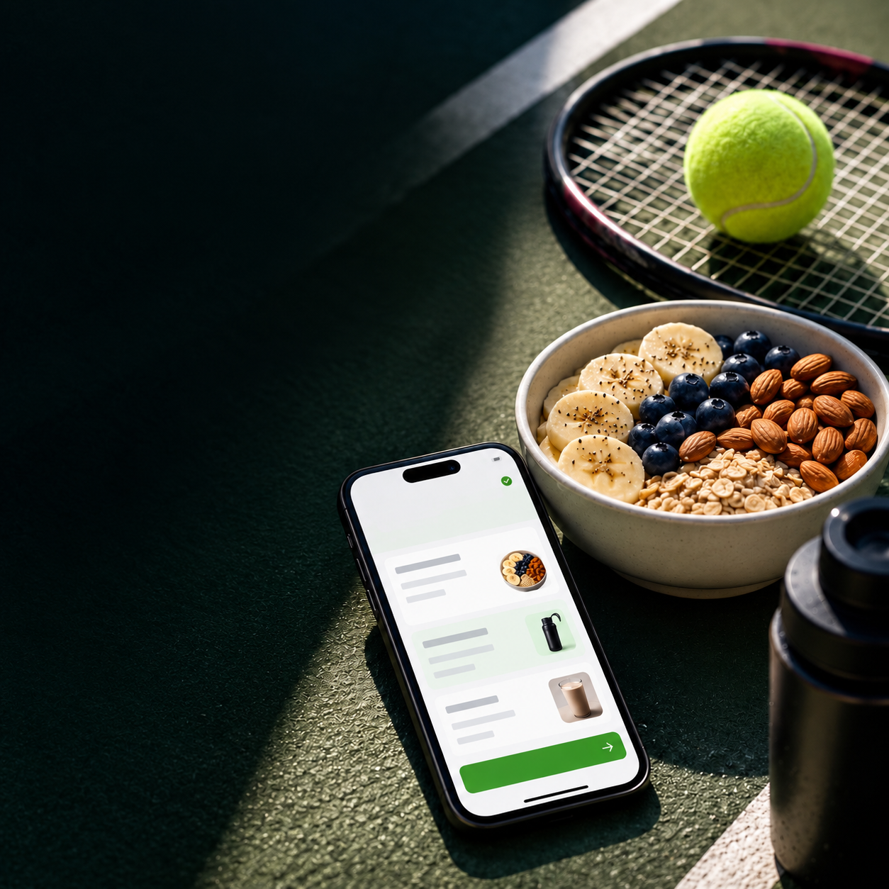 Pro tennis player next to the Ace Core app showing a 94 readiness score